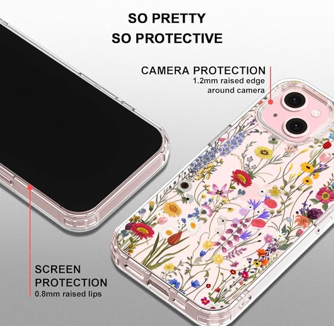MOSNOVO Case for iPhone 15 Plus/iPhone 14 Plus, [Buffertech 6.6ft Military-Grade Drop Protection] [Anti Peel Off Tech] Clear TPU Bumper Phone Case Cover Design - Wildflower Meadow
