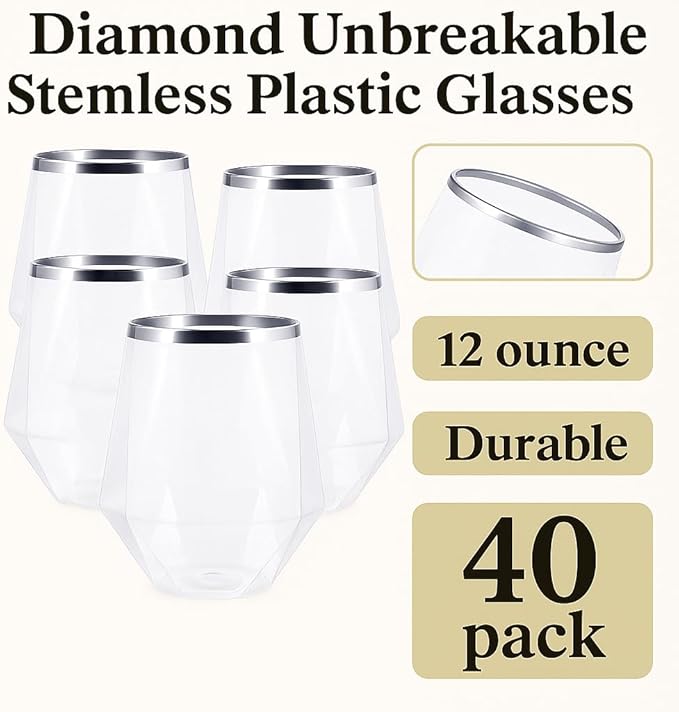 Oojami 40 Pack 12 oz Diamond Stemless Plastic Wine Glasses, Silver Rim Disposable Cups, Shatterproof BPA-Free Recyclable Drinkware for Wedding, Birthday Party, Cocktail