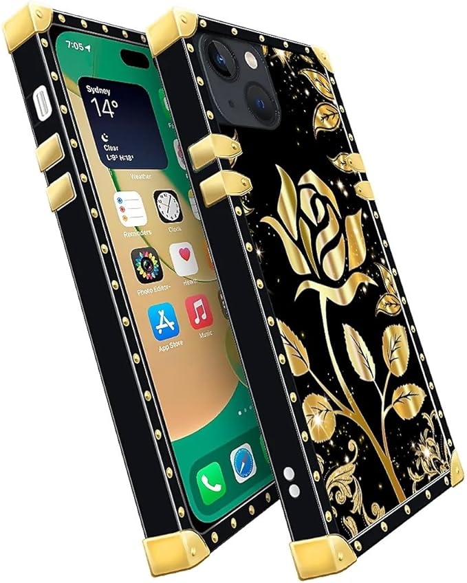 Compatible with iPhone 14 Case, Shine Gold Rose Luxury Golden Decoration for Girl Women Soft TPU Shockproof Protective Hard PC Back for iPhone 14