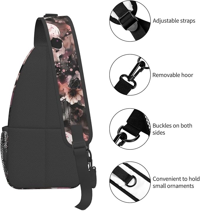 Flowers And Skulls Sling Bag For Women Men Halloween Backpack Crossbody Skull Shoulder Bag Sling Backpack Chest Bag Travel Hiking Casual Sport Daypack