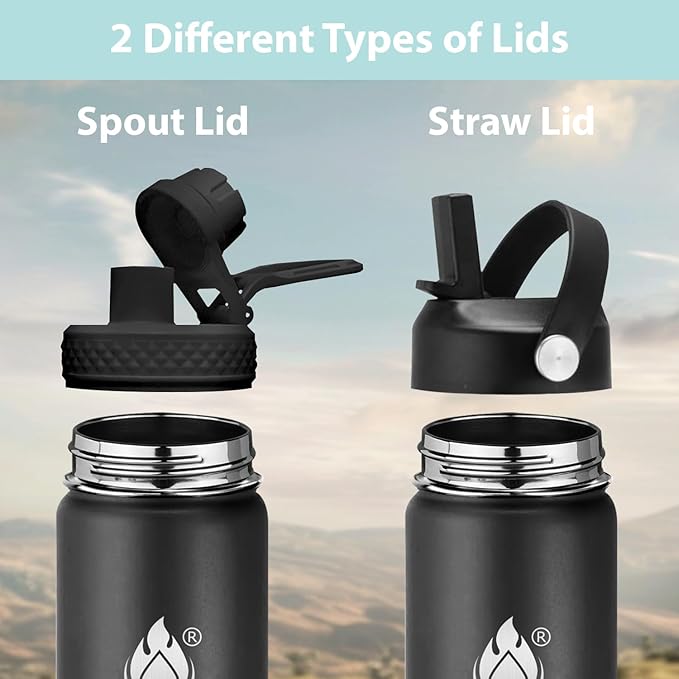 Insulated Water Bottle 32 oz with Straw, Stainless Steel Wide Mouth Water Bottle, Double Wall Vacuum Leak Proof with Straw Lid & Spout Lid for Sports or Office, Keep Cold or Hot Up to 24 Hrs