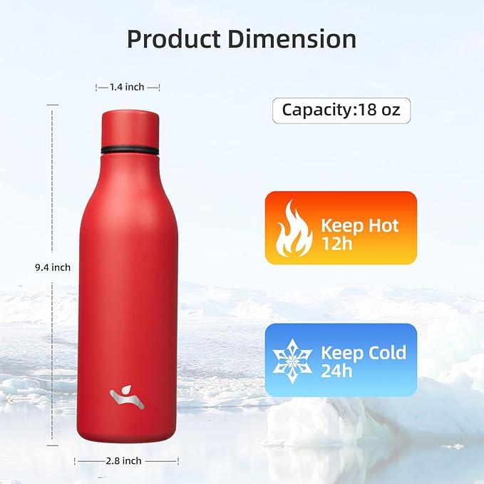 Konokyo Insulated Water Bottle with Strap,18 oz Double Wall Stainless Steel Vacuum Bottles Metal Water Flask,Red