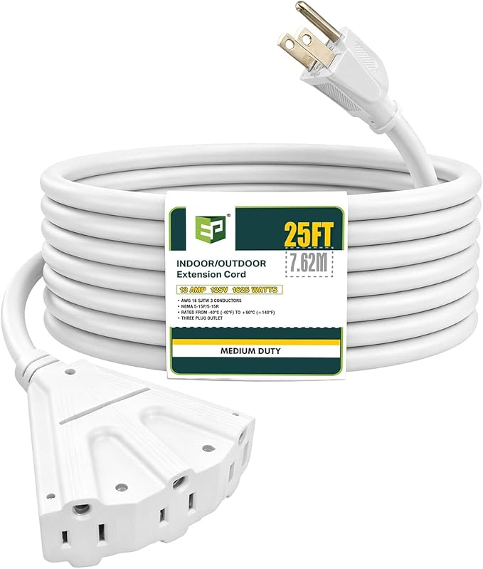 EP 25 Ft Outdoor Extension Cord with 3 Electrical Power Outlets - 16/3 SJTW White Cable with 3 Prong Grounded Plug for Safety Great for Christmas Lights, Garden and Major Appliances