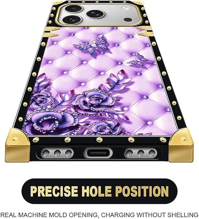 for iPhone 17 Pro Case Luxury Golden Decoration for Girl Women Soft TPU Shockproof Protective Hard PC Back for iPhone 17 Pro Crazy Pattern Purple Butterfly Flowers Leaf