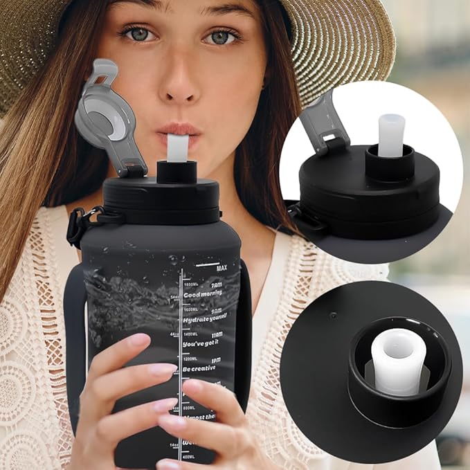 64oz Foldable Silicone Water Bottle with Straw, BPA-Free Motivational Time Marker, Leakproof Collapsible Water Jug with Handle for Gym, Sports, Camping & Outdoor Activities (Black)