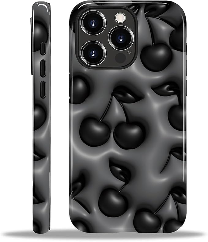 for iPhone 13 Pro Max Case,HL2 Cute Cool Cherry Black Hybrid 2 Layer Hard Shell Silicone Protective Pattern Design Case