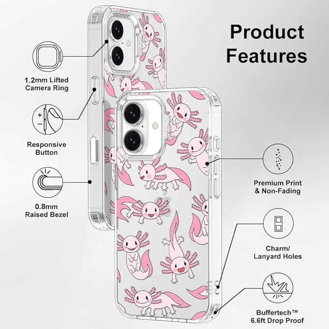 MOSNOVO for iPhone 17 Case | Military Grade 6.6ft Drop Tested | Camera Control | Clear with Pink Axolotl Design