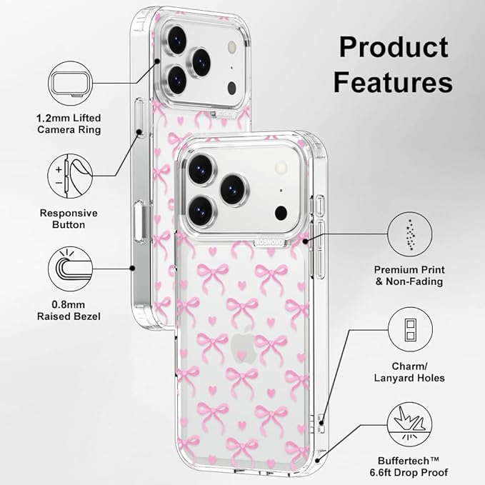 MOSNOVO for iPhone 17 Pro Case | Military Grade 6.6ft Drop Tested | Camera Control | Clear with Bowtiful Love Design
