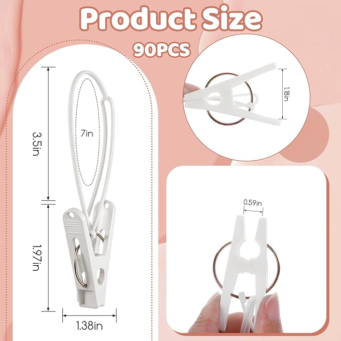 90 Pack Multi-Purpose Laundry Hooks Hanging Clips, Clothes Pins with Plastic Rope Hangers with Clips for Baby Clothes Pants Socks Towels Wardrobe & Kitchen Organization