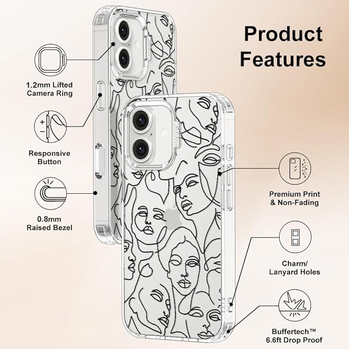MOSNOVO Case for iPhone 16 Plus, [Buffertech 6.6ft Military-Grade Drop Protection] [Anti Peel Off Tech] Clear TPU Bumper Phone Case Cover Design - Abstract Face Line Art
