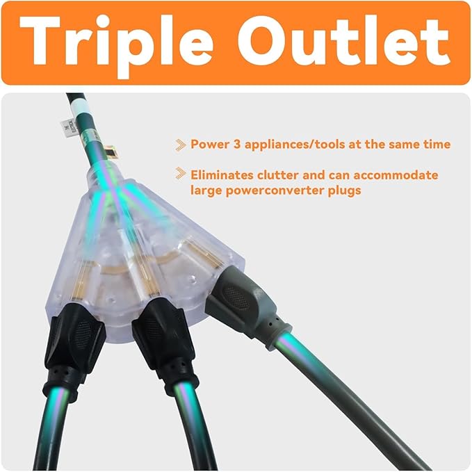 EP 8 Ft 12 Gauge Heavy Duty Extension Cord, 15A 125V 1875W, 3 Outlet Indoor/Outdoor Power Cord with Lighted End, 12/3 SJTW Weatherproof Black