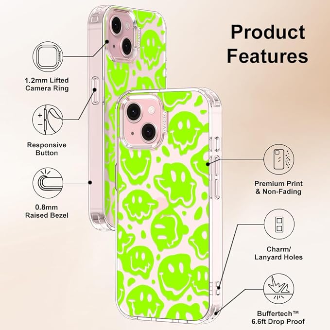 MOSNOVO Case for iPhone 15, [Buffertech 6.6ft Military-Grade Drop Protection] [Anti Peel Off Tech] Clear TPU Bumper Phone Case Cover Design - Distorted Green Smiles Face