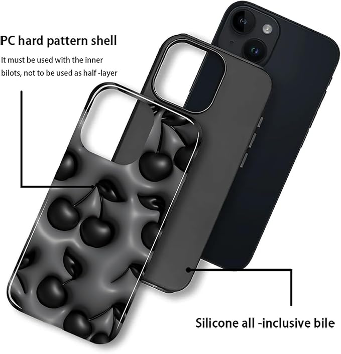 for iPhone 14 Plus Case,HL2 Cute Cool Cherry Black Hybrid 2 Layer Hard Shell Silicone Protective Pattern Design Case