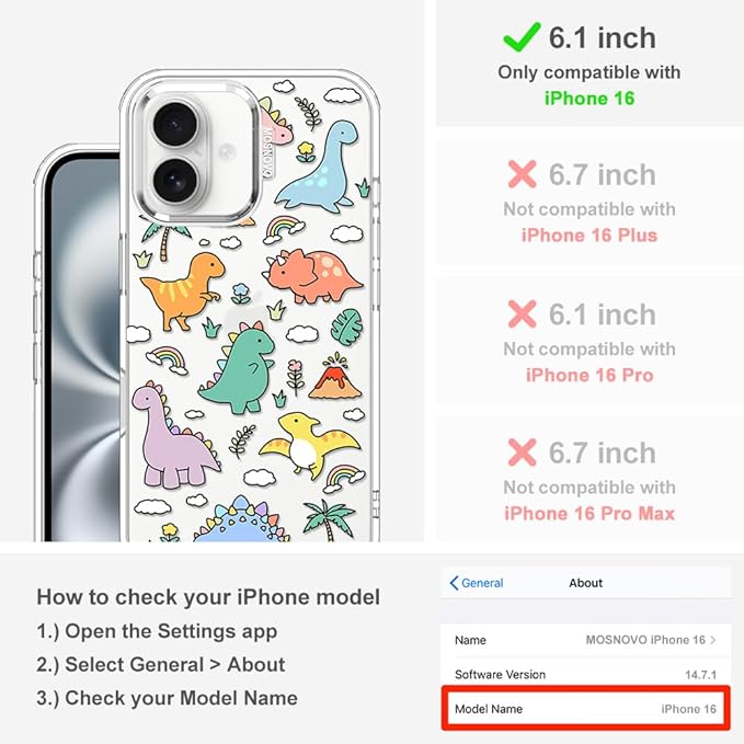 MOSNOVO Case for iPhone 16, [Buffertech 6.6ft Military-Grade Drop Protection] [Anti Peel Off Tech] Clear TPU Bumper Phone Case Cover Design - Dinosaur Land
