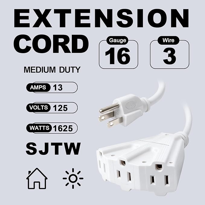 EP 15 Ft Outdoor Extension Cord with 3 Electrical Power Outlets - 16/3 SJTW White Cable with 3 Prong Grounded Plug for Safety Great for Christmas Lights, Garden and Major Appliances