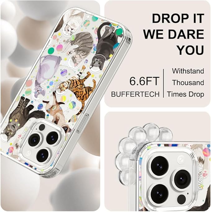 MOSNOVO Case for iPhone 15 Pro Max, [Buffertech 6.6ft Military-Grade Drop Protection] [Anti Peel Off Tech] Clear TPU Bumper Phone Case Cover Design - Space Cat