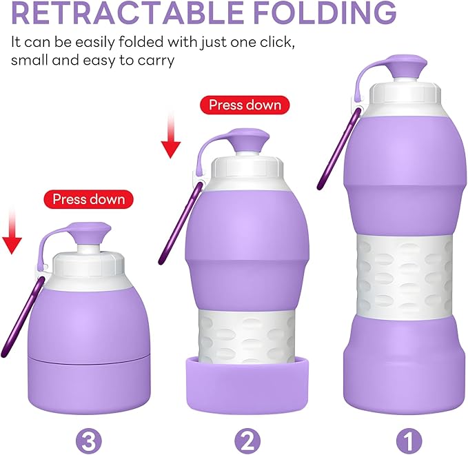 Collapsible Lightweight 20oz Water Bottle, Food-Grade Silicone BPA Free, Foldable Portable Leak Proof Office Travel Cycling Sports Outdoor Water Bottle with Vertical Hook (purple, Short nozzle)