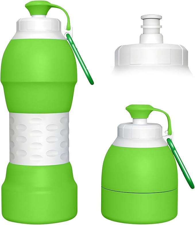 Collapsible Lightweight 20oz Water Bottle, Food-Grade Silicone BPA Free, Foldable Portable Leak Proof Office Travel Cycling Sports Outdoor Water Bottle with Vertical Hook (green, long nozzle)