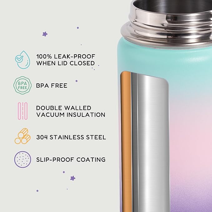 Fijinhom 12oz Kids Water Bottle for School, Toddler Water Bottles with Straws, Insulated Water Bottles for Boys&Girls, Stainless Steel Vacuum Insulated Bottle for Kids, Leak-Proof, BPA-Free, aurora