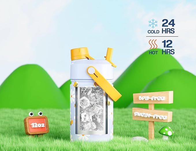 12 oz Insulated Water Bottle for Kids: 2-in-1 Straw Spout Lid, Spill-proof, BPA-Free, Easy Clean, Keep Cold 24H, Cute Bee Patterns, Stainless Steel Cup for School, Travel, Playtime, Gift (Daisy Buzz)