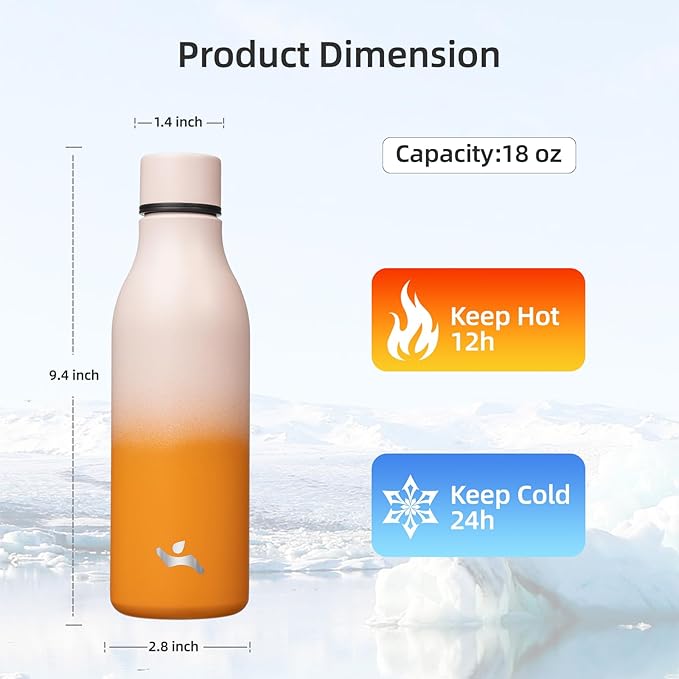 Konokyo Insulated Water Bottle with Strap,18 oz Double Wall Stainless Steel Vacuum Bottles Metal Water Flask,Coral