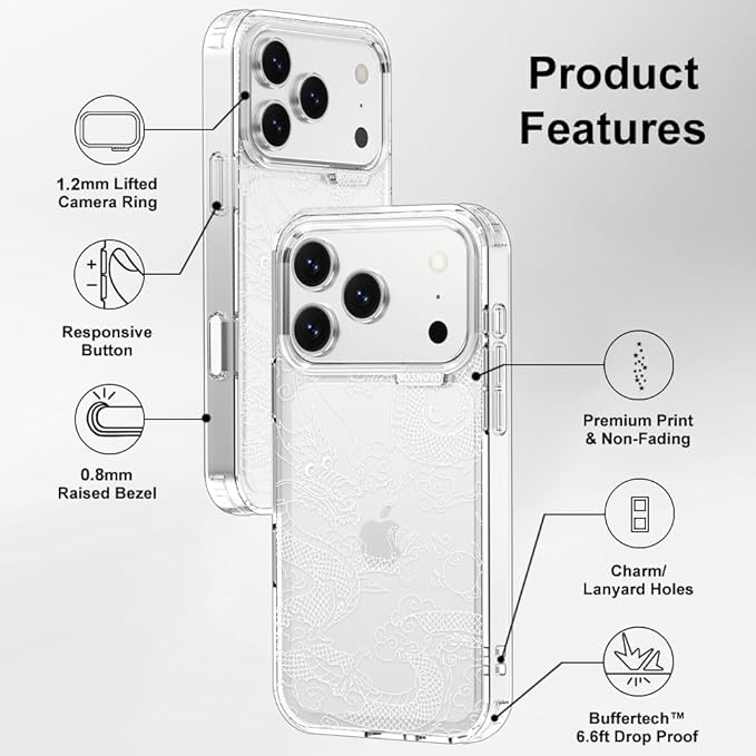 MOSNOVO for iPhone 17 Pro Case | Military Grade 6.6ft Drop Tested | Camera Control | Clear with White Dragon Design