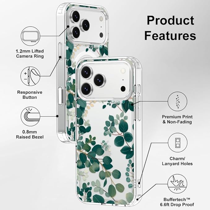 MOSNOVO for iPhone 17 Pro Max Case | Military Grade 6.6ft Drop Tested | Camera Control | Clear with Eucalyptus Design