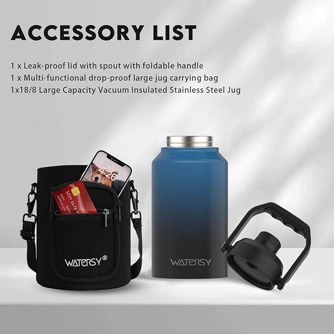 WATERSY 2/3 Gallon Water Bottle Insulated(Cold for 48 Hrs),BPA Free&Leak Proof,87oz Stainless Steel Water Jug/Flask,Big thermo,Large Water Bottle with Handle for Gym,Hiking,Camping,Gradient Blue