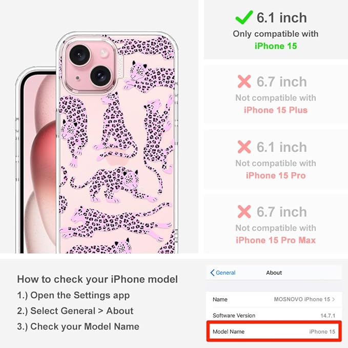 MOSNOVO Case for iPhone 15, [Buffertech 6.6ft Military-Grade Drop Protection] [Anti Peel Off Tech] Clear TPU Bumper Phone Case Cover Design - Pink Leopard