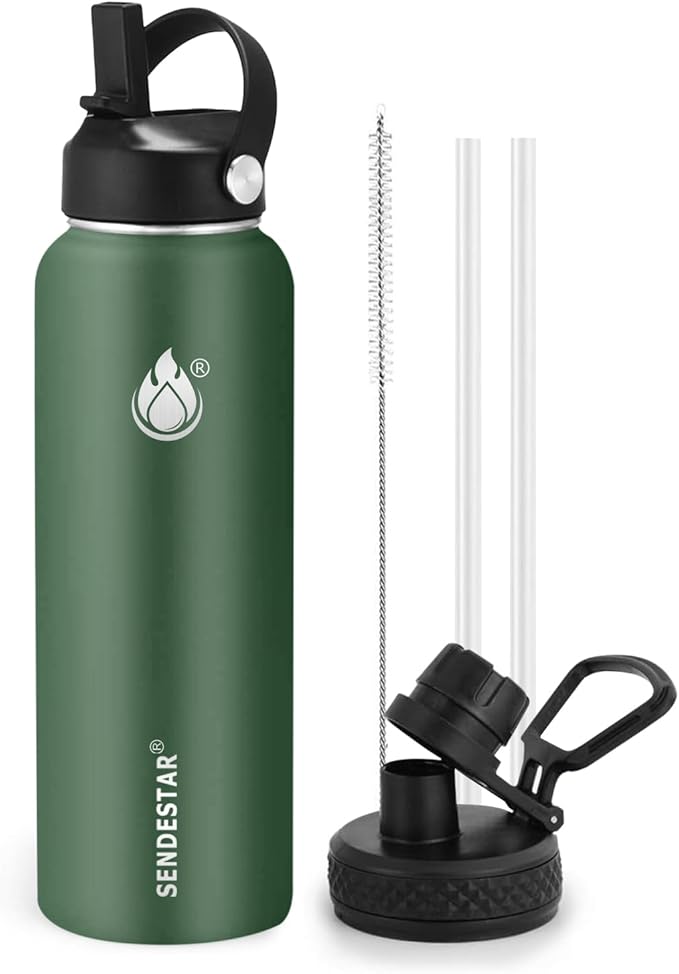 Insulated Water Bottle 32 oz with Straw, Stainless Steel Wide Mouth Water Bottle, Double Wall Vacuum Leak Proof with Straw Lid & Spout Lid for Sports or Office, Keep Cold or Hot Up to 24 Hrs