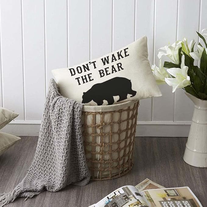 TKS MITLAN Don't Wake The Bear Decorative Pillow Covers Cool Animal Bear Black White Rustic Linen Throw Pillow Covers 12x20 Inch for Sofa Couch Decoration