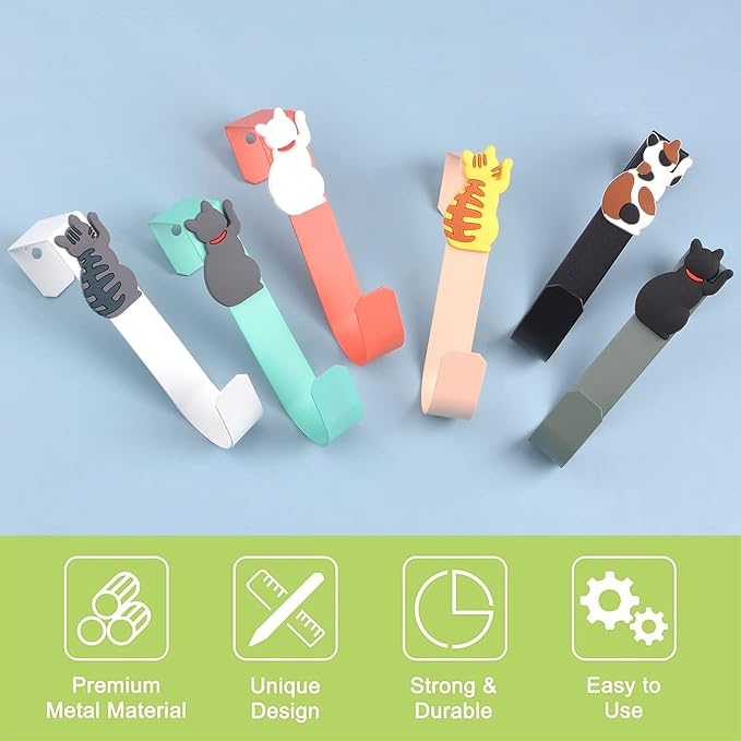 Over The Door Hooks, 6Pcs Sturdy Metal Single Over Door Hooks with Animal Decorative Over The Door Towel Rack for Hanging Towels, Clothes,Bags, Hats (Cat Decoration)