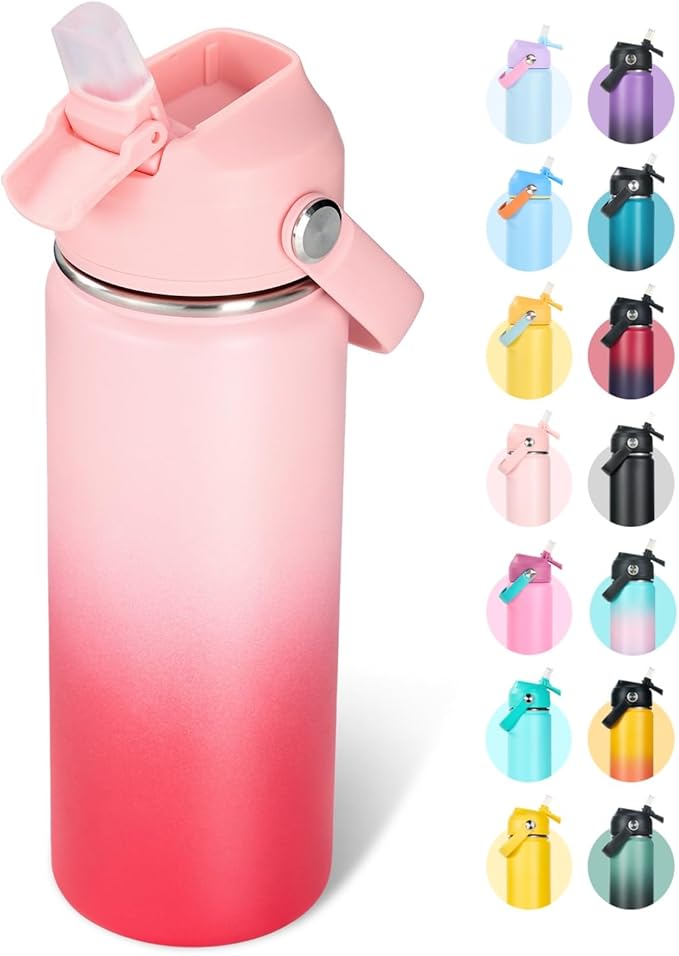 Fijinhom 18oz Insulated Stainless Steel Water Bottle, Wide Mouth Double Wall Vacuum, Silicone Straw, Sweat & Leak Proof, BPA Free Insulated Water Flask for Travel, Keep Cold 24h Hot 12h, Pink Gradient