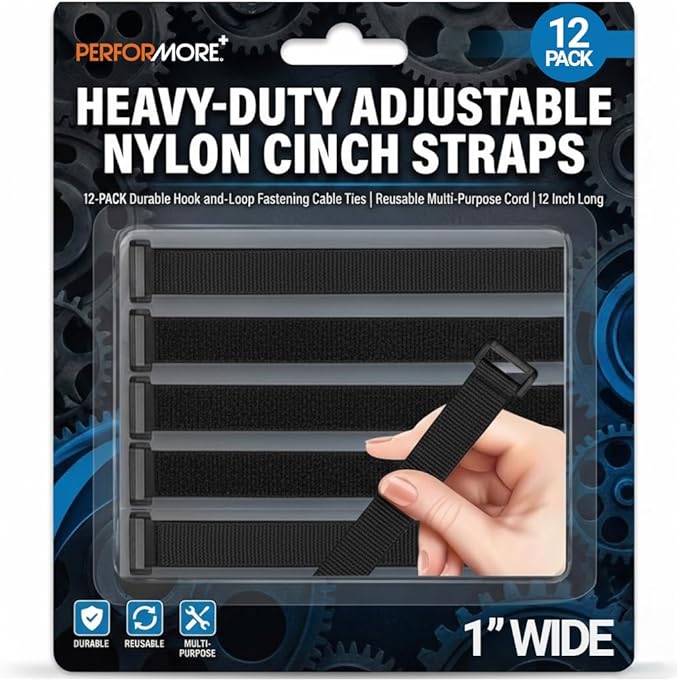 Performore Heavy-Duty Adjustable Nylon Cinch Straps | 12-Pack Durable Hook-and-Loop Fastening Cable Ties | Reusable Multi-Purpose Cord Bundlers | Black 12-Inch Wire, Hose, Tool, Rope Organizer