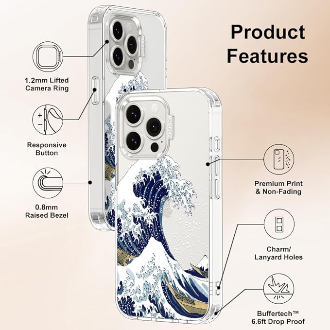 MOSNOVO Case for iPhone 15 Pro Max, [Buffertech 6.6ft Military-Grade Drop Protection] [Anti Peel Off Tech] Clear TPU Bumper Phone Case Cover Design - Great Wave
