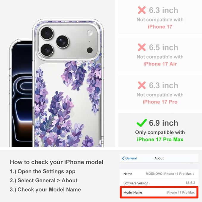MOSNOVO for iPhone 17 Pro Max Case | Military Grade 6.6ft Drop Tested | Camera Control | Clear with Lavender Design