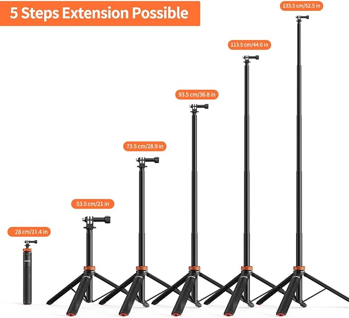 UURig Telescopic Selfie Stick Long with Tripod, Waterproof Hand Grip, for Insta360X5/X4, GoPro Hero 13 12 11 10 9 8 7 6 5 4 3 2, Fusion, Max, Session, AKASO, SJCAM, DJI OSMO Action 6/5Pro/4/3 GoPro