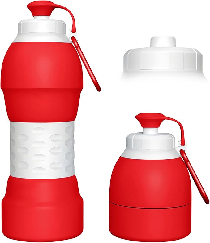 Collapsible Lightweight 20oz Water Bottle, Food-Grade Silicone BPA Free, Foldable Portable Leak Proof Office Travel Cycling Sports Outdoor Water Bottle with Vertical Hook (red, Short nozzle)