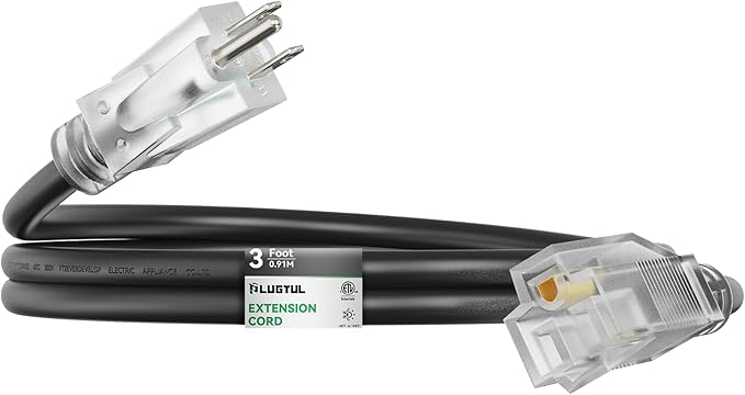 PLUGTUL Outdoor Extension Cord 3FT, 12 Gauge Extension Cord with Lighted End, Heavy Duty,15A 1875W SJTW, ETL Listed, Great for Garden and Home, Black