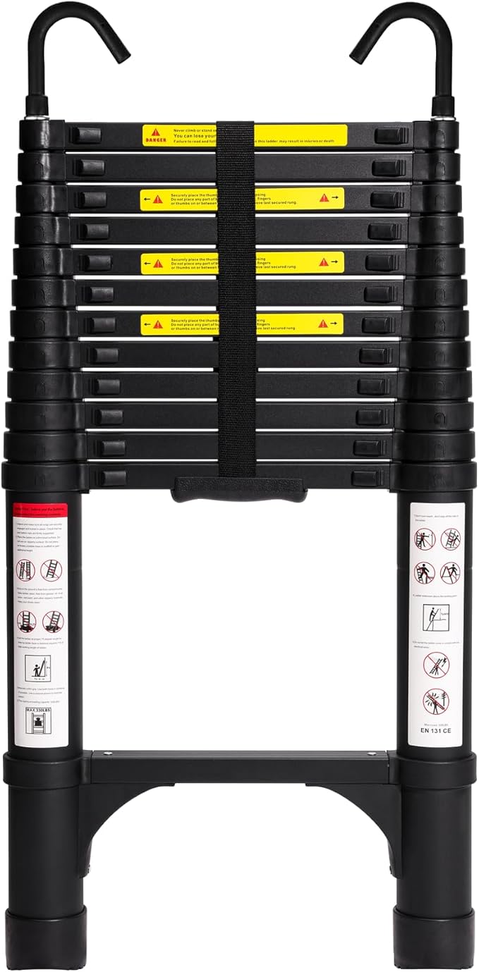 BOCOM 12.5 FT Aluminum Telescoping Ladder with Hooks, Lightweight Multi-Purpose Collapsible Extension with 2 Triangle Stabilizers, Heavy Duty 330 lbs Max Capacity for Home, RV, and Outdoor Work Black