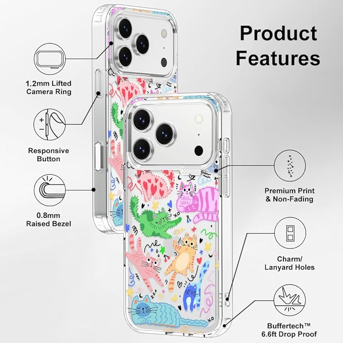 MOSNOVO for iPhone 17 Pro Case, Shockproof Military-Grade Protection 6.6ft Drop Tested, Camera Control, Clear Phone Case for iPhone 17 Pro, Doodle Cats Design