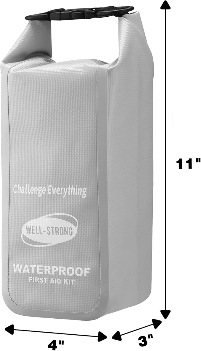 Boat First Aid Kit Waterproof, WELL-STRONG Marine Emergency Kit with Roll Top Dry Bag for Boating Fishing Kayaking – Water-Resistant Contents for Camping & Beach（Light Grey）