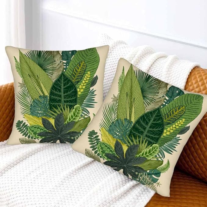 Tropical Leaves Palm 18x18 Throw Pillow Covers Set of 2 Green Tree Banana Leaf Alocasia Fern Monstera Cushion Pillow Cases Square Velvet Outdoor Decorative Home Bed Sofa Couch Office Hotel