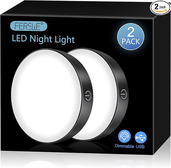 Ferswe Rechargeable Tap Light 6000K, Dimmable Touch Light with 1000mAh Large Battery，Brightness Adjustable, Stick on Lights for Closet, Cabinet, Counter, Kitchen, Bedroom and Wall(2 Pack)
