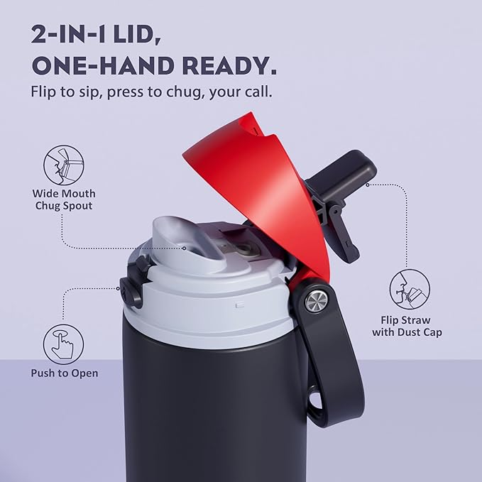 POWCAN 24 oz Stainless Steel Water Bottle: 2-in-1 Push-Button Spout & Quick-Flip Straw, Leakproof, Cold 24Hrs, Fits Car Cup Holder, Insulated Vacuum Flask for Sports, Trip, School Gift (Storm Hammer)
