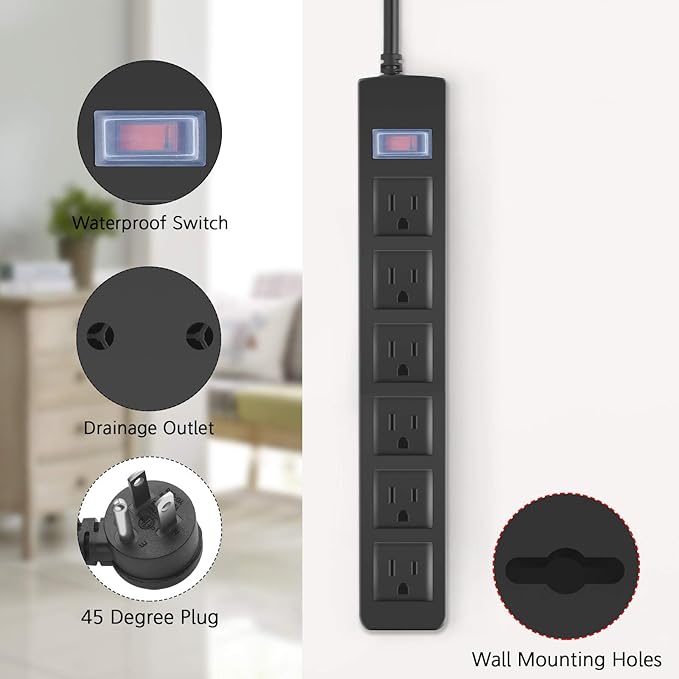Outdoor Power Strip Waterproof with 6 Outlets, Garden Weatherproof Surge Protector, Christmas Multiple Outlet Exterior Socket for Lighting Appliances. 25FT Extension Cord Strip with Flat Plug. Black