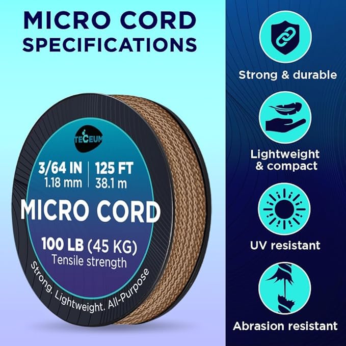 TECEUM Micro Paracord – 1.18 mm X 125 ft – Micro Utility Cord – Thin Braided Paracord Rope – Best for Crafting, DIY Projects, Fishing, Camping – Wind Chime Replacement – Survival Strong String