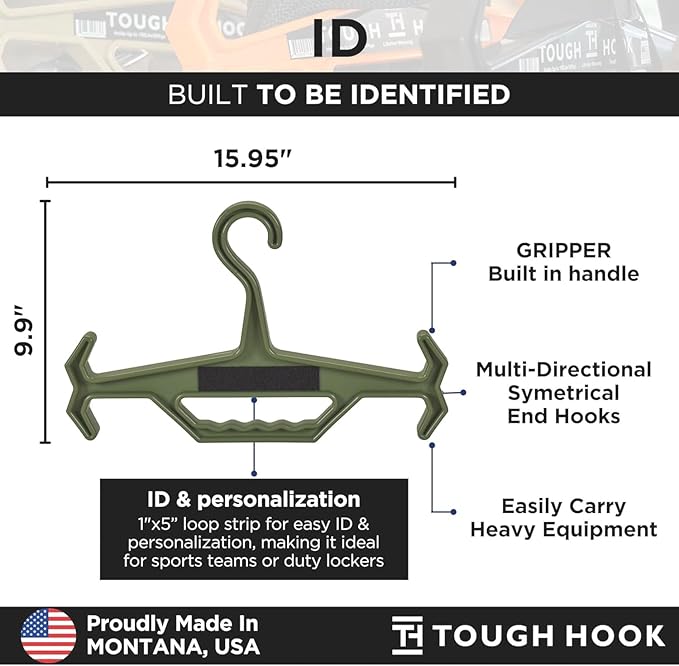 Tough Hook ID Heavy Duty Identification Hanger, USA Made 200 Lb Cap, Plate Carrier, Tactical Gear, Scuba BCD, Anti-Slip Wetsuit & Body Armor Organization System with 1 ID Loop Strip 1 Pack Foliage