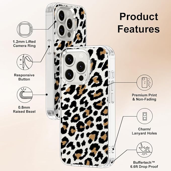 MOSNOVO Case for iPhone 15 Pro, [Buffertech 6.6ft Military-Grade Drop Protection] [Anti Peel Off Tech] Clear TPU Bumper Phone Case Cover Design - Leopard Print