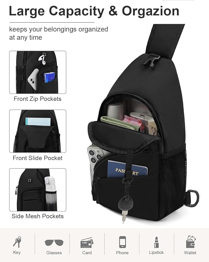 Pritent Crossbody Bags for Women Man Waterproof Sling Bag Backpack Trendy Casual Cross Body Bag with Convertible Shoulder Strap Chest Bag for Camping Hiking Travel Essentials (Black, Large)